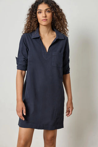 Split Neck Collared Dress in Navy