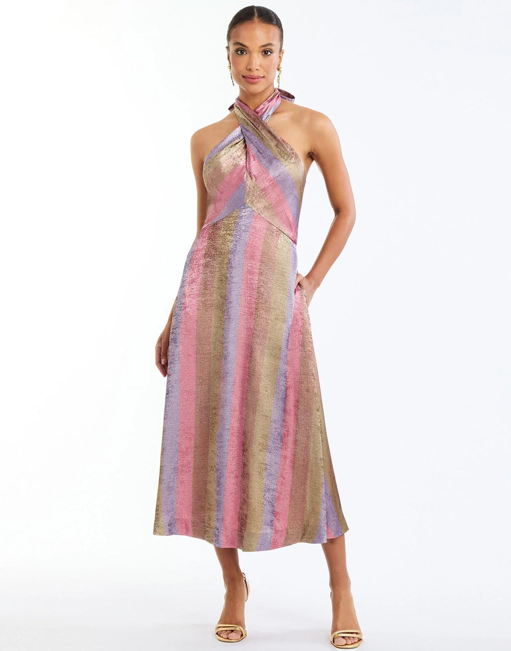 disco halter dress Copacabana Midi in Stripe – Monkee's of Lexington Fahshion Modern Black Dress Shirts COLOR:Bright Fuchsia Tiered frill skirt