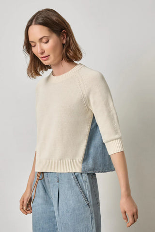 Denim Elbow Sleeve Sweater in Off White