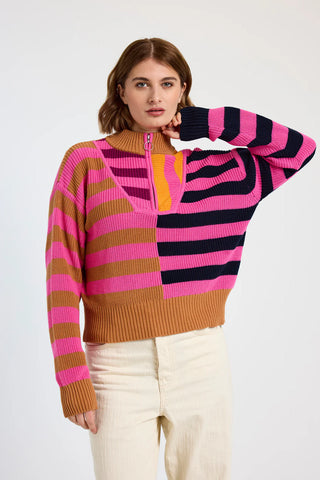 Mixed Stripe Half Zip in Caramel Multi