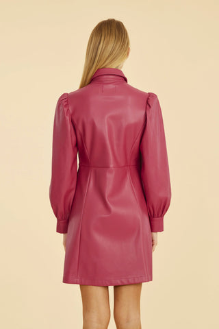 Vegan Puff Shoulder Tailored Dress in Dark Pink