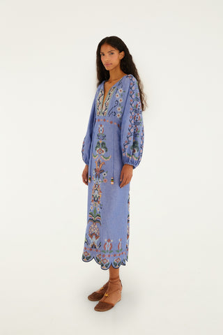 Garden Tapestry Emb LS Midi Dress in Blue