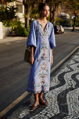Garden Tapestry Emb LS Midi Dress in Blue