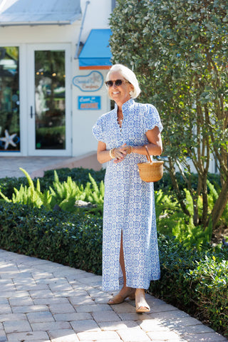 Puff Sleeve Midi in Blue Medallion