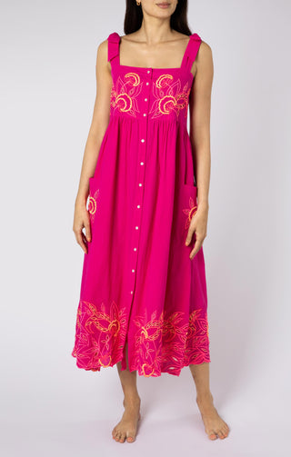 Cut Out Embroidered Tie Shoulder Dress in Fuschia/Neon Multi
