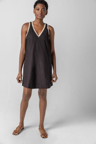 Crochet Trim V-Neck Dress in Black
