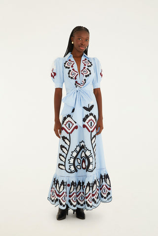 Blue Artisanal Short Sleeve Maxi Dress