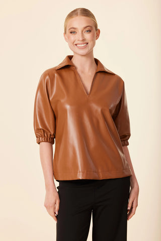 V Neck SS Top in Saddle