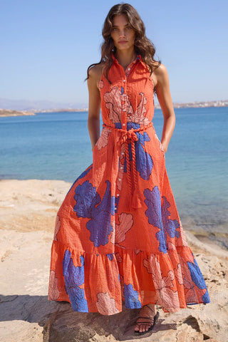 Sleeveless Shirt Dress Maxi in Bora Bora Red