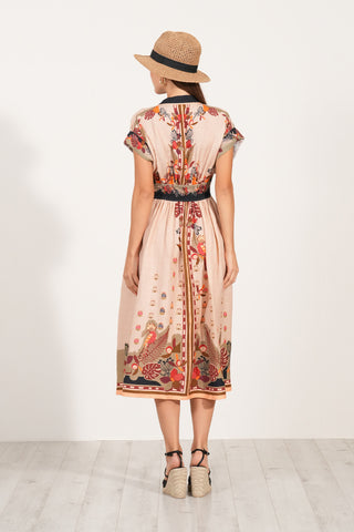 Agatha V Neck Belted Midi Dress in Black & Apricot