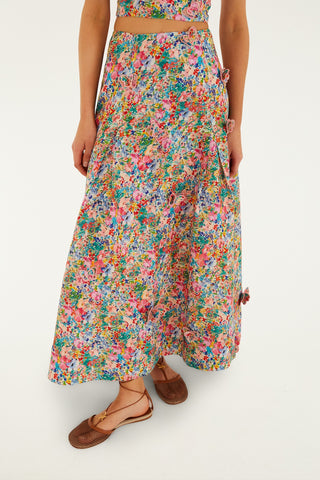 Peasant Floral Butterflies Maxi Skirt in Off-White