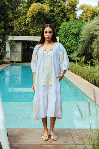 Reverse Panel Geometric Applique Dress in Amersham White/Gold