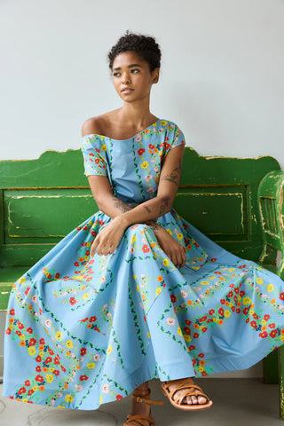 Flared Dress in Chambray Floral Scarf