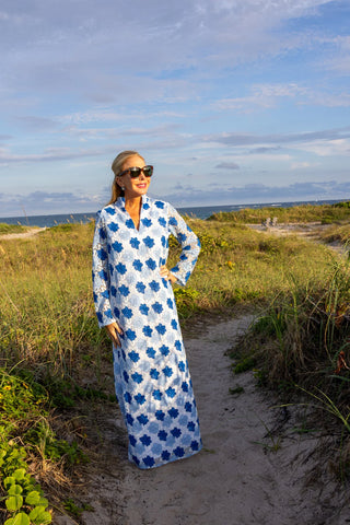 Beaded Eyelet Caftan in Blue/White