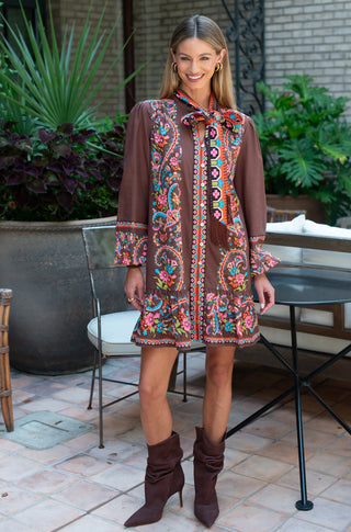Brit Bow Dress in Scroll Brown